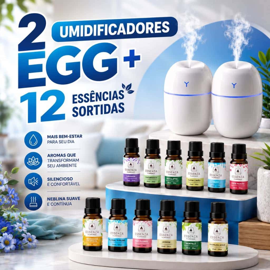 Kit de Umidificador Aromatizador com Essências Hidrossolúvel | Modelo EGG | Aromatizantes 20ml, imagem 1 de 1
