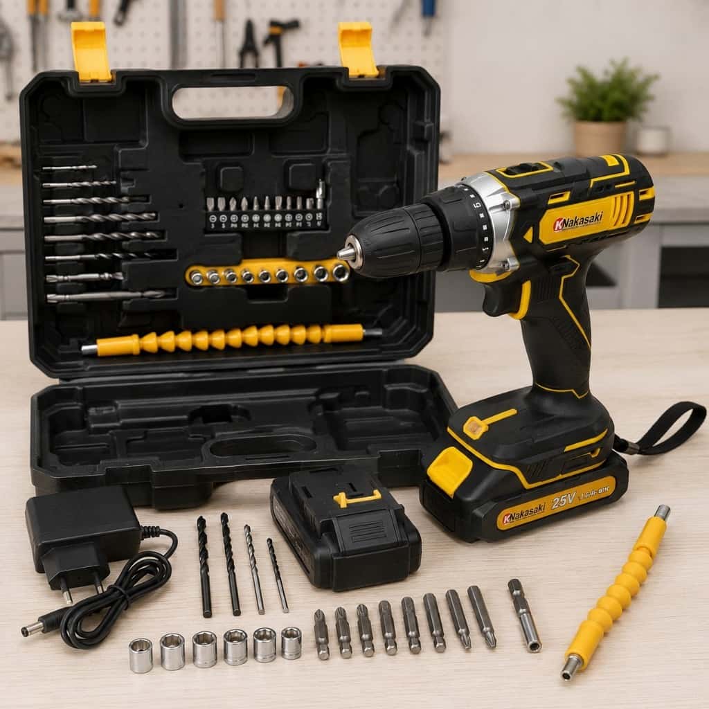 Parafusadeira Furadeira 25V Nakasaki Sem Fio a Bateria Profissional Kit Completo com Maleta, imagem 1 de 1