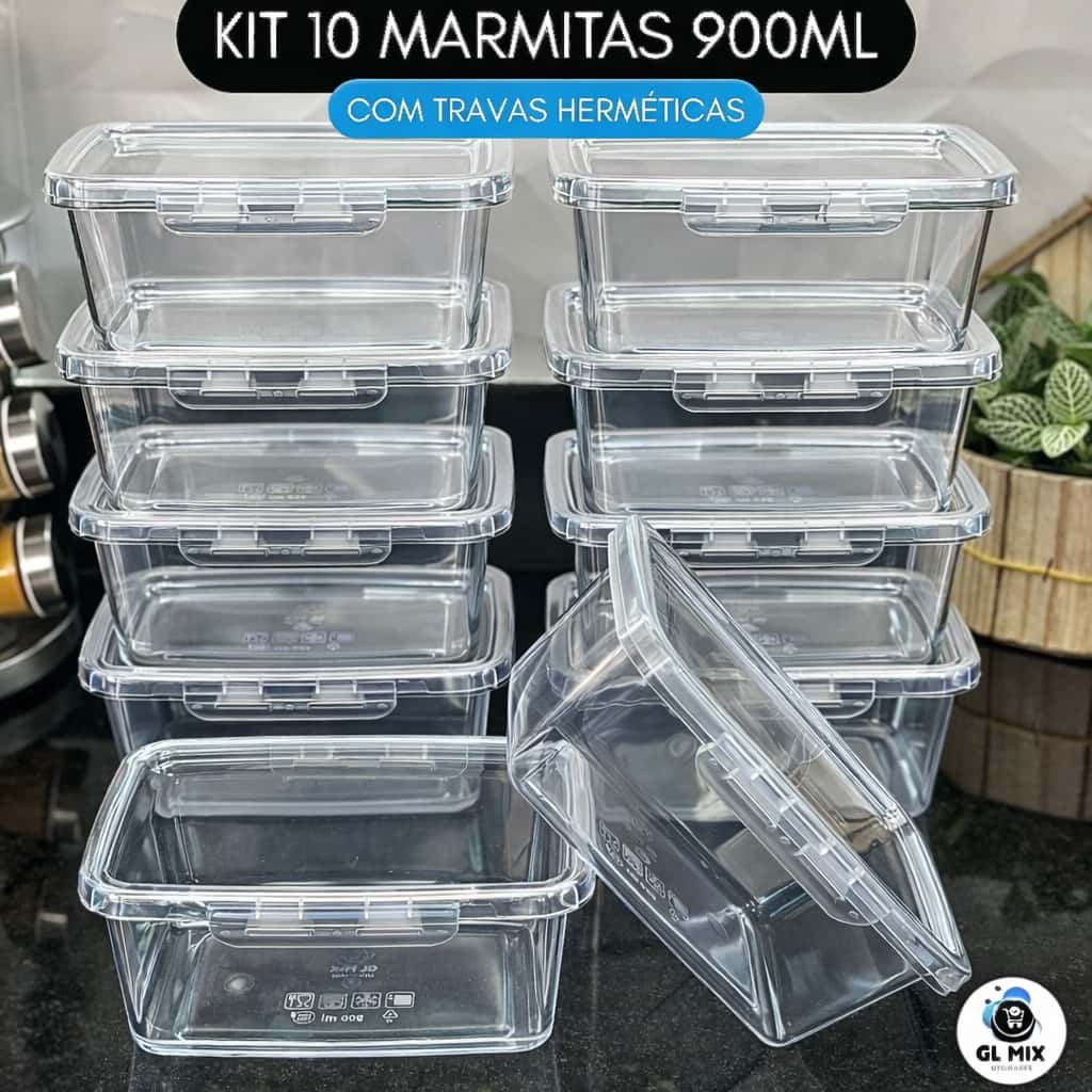 Kit 10 Marmitas com Travas 900ml BPAFREE Pote Plástico Freezer Microondas Fitness Refeição Alimento, imagem 1 de 1