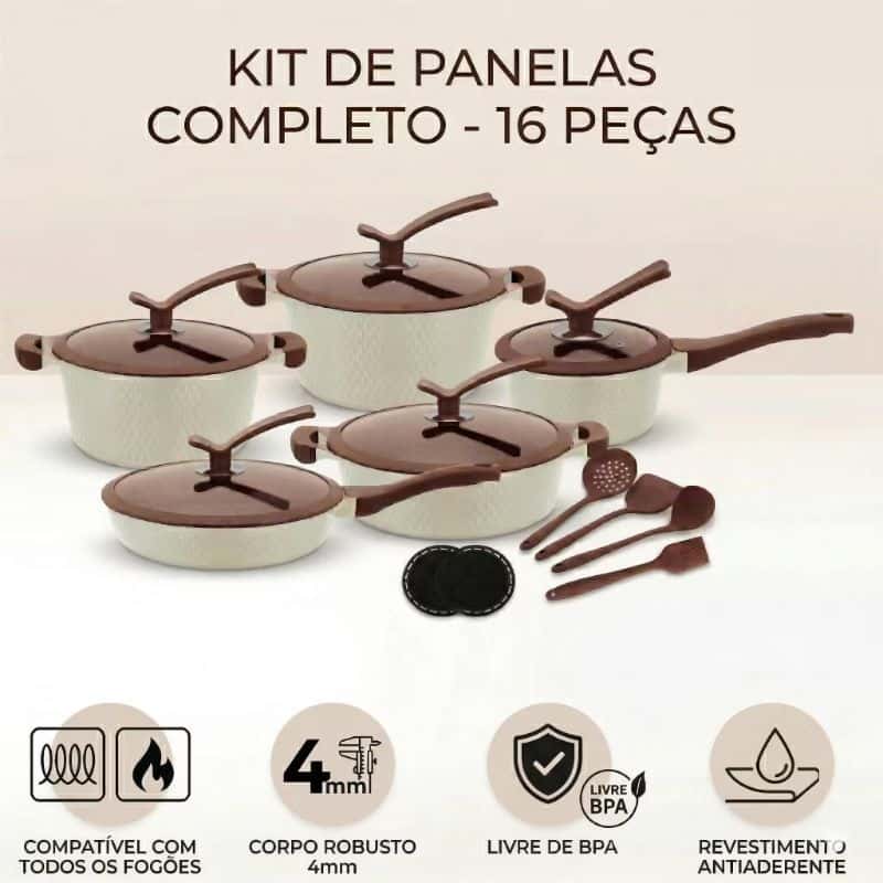 Conjunto Jogo De Panelas Antiaderente Revestido em Cerâmica Gás Indução 16 Peças, imagem 1 de 1