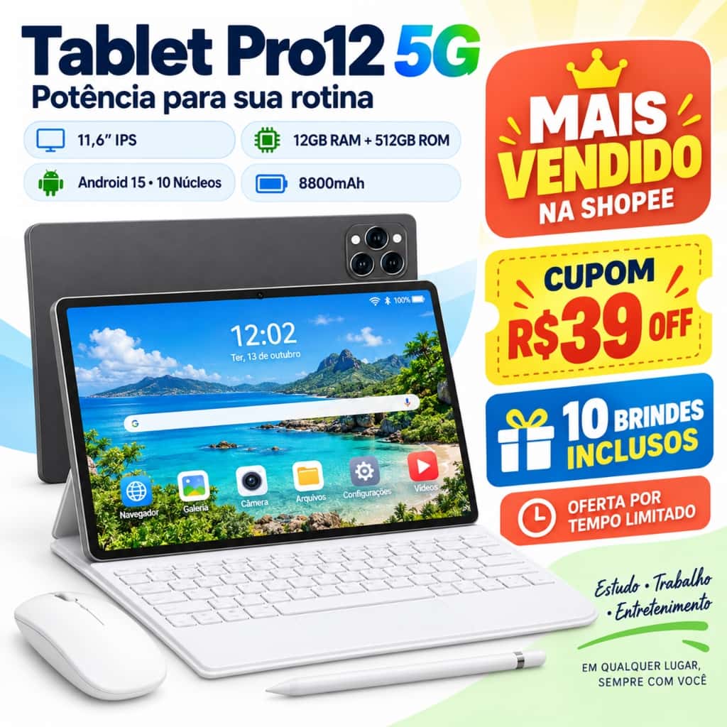 Tablet pad Pro12 5G Tela Grande PC Android 15 12GB RAM 512GB Com Teclado Bluetooth Mouse Caneta Stylus Kit Completo, imagem 1 de 1