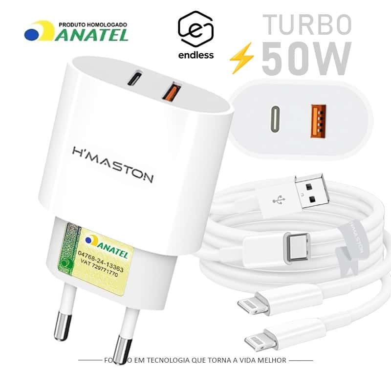 Carregador Turbo 2 Saídas Fonte 50W 2 Entradas USB e USB-C com Cabo Lightning Ultra Rápido, imagem 1 de 1