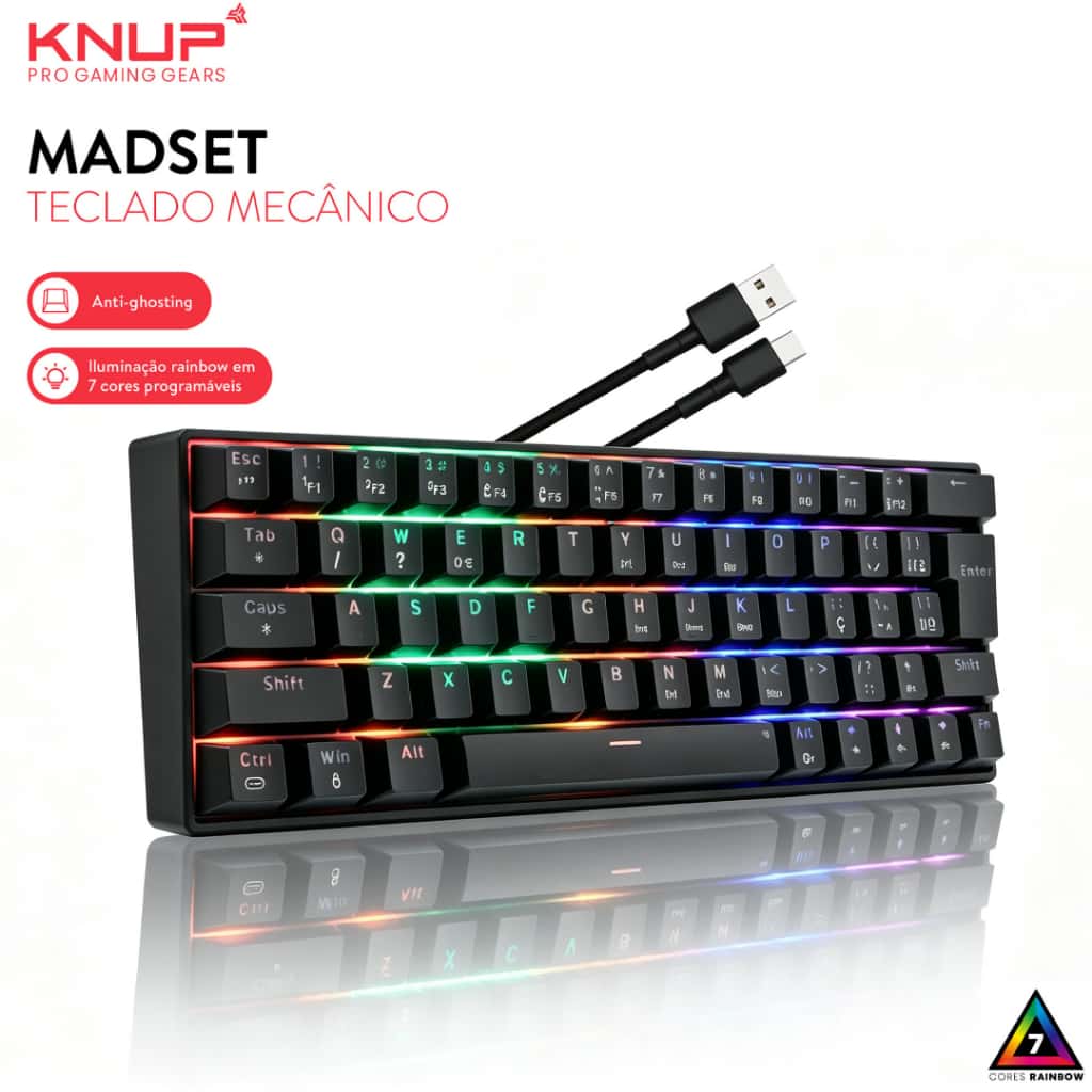 Teclado Mecânico Gamer Compacto 60% 63 Teclas Switch Blue Rainbow RGB Anti-Ghosting USB, imagem 1 de 1