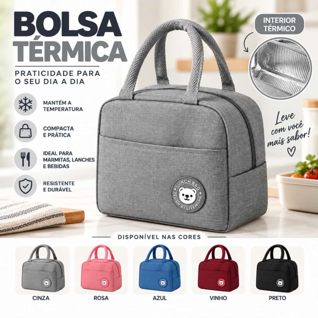 Bolsa Térmica Lancheira Marmita com Alça Bolso Frontal Compacta para Trabalho Escola Passeio Pequena, imagem 1 de 1