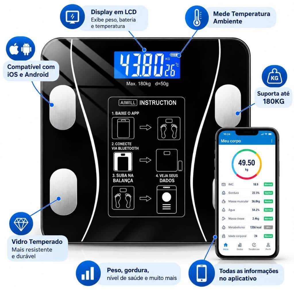 Balança Smart Corporal Bioimpedância com APP e Bluetooth Controle de Peso e IMC até 180 kg, imagem 1 de 1