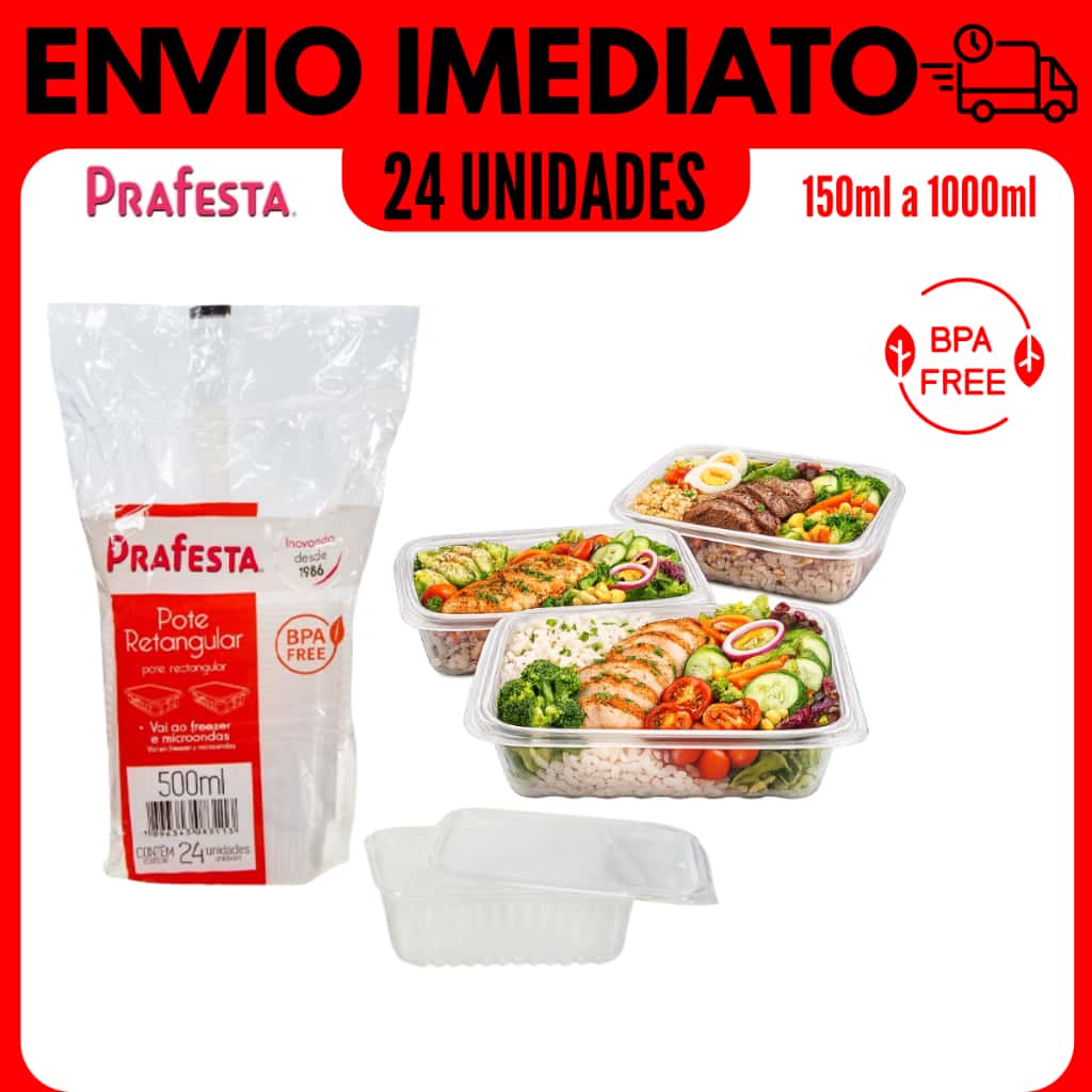 KIT POTE MARMITA DESCARTÁVEL FREEZER MICROONDAS FITNESS COMIDA CONGELADA PRAFESTA 24/48 UNIDADES POTE RETANGULAR, imagem 1 de 1