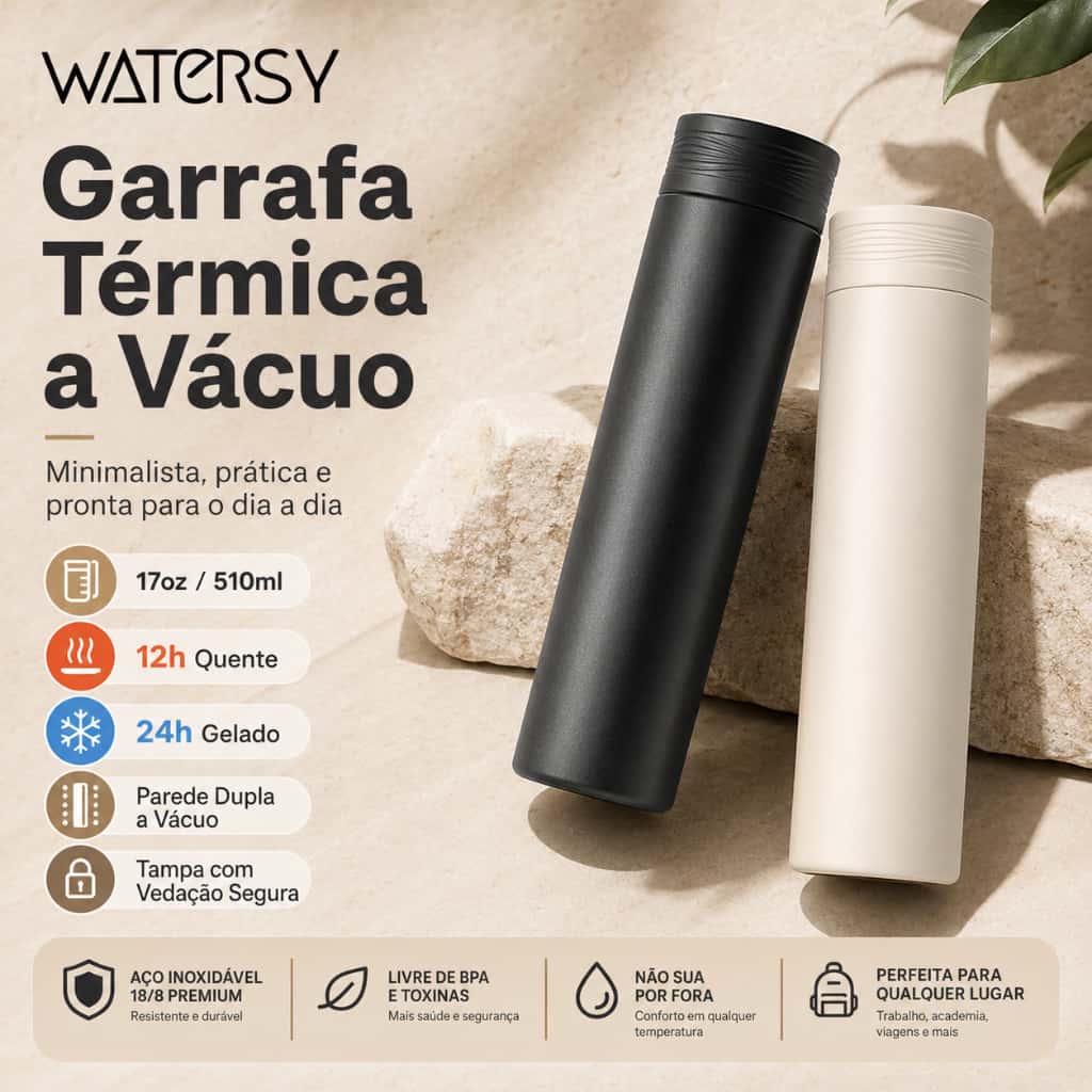 Watersy Garrafa Térmica 17oz/510ml a Vácuo Inox 18/8 Antivazamento Portátil para Café Chá Água, imagem 1 de 1