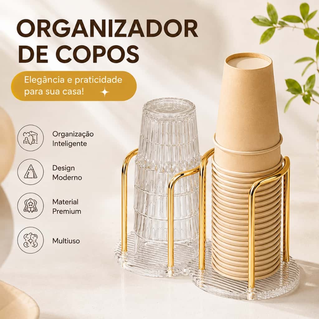 Suporte Copos Papel Dourado - Organizador Empilhável Cozinha/Escritório Estilo Moderno, imagem 1 de 1