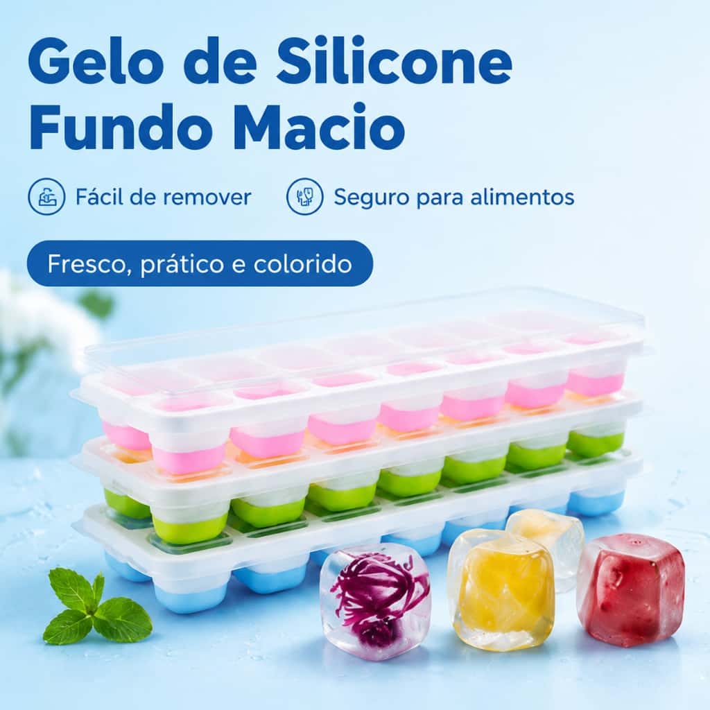 Kit 4 Formas de Gelo Silicone 14 Cubos com Tampa Rígida Fundo Flexível Desenforma Fácil Freezer, imagem 1 de 1