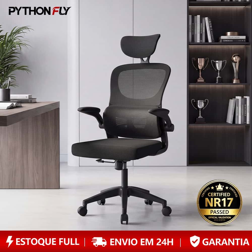 Cadeira de Escritório Ergonômica Com Apoio Lombar e Apoio de Cabeça Cinza com estofado de mesh, imagem 1 de 1