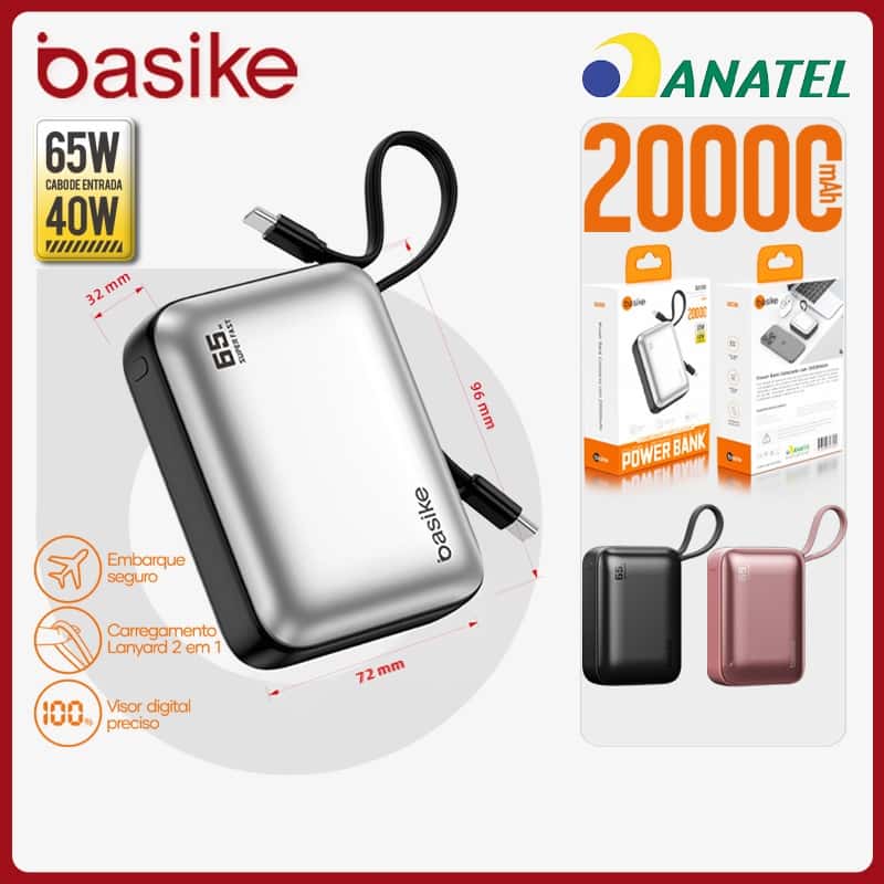 Basike Power Bank Turbo 20000mAh 65W TurboCharge，Carregador Portátil Rápido com Cabo Incluso e Display Digital，b203b, imagem 1 de 1