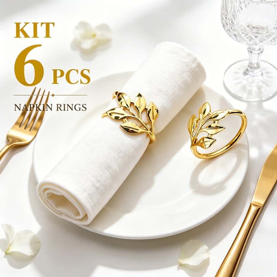 Kit 6/8 porta guardanapos - anéis de guardanapos de metal Folhas /  ramos dourado, imagem 1 de 1