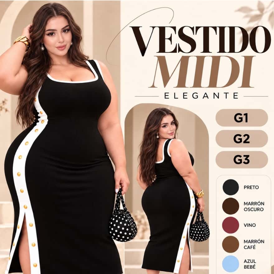 Vestido Plus Size Feminino Longo Canelado Justo Tubinho Regata Bicolor Fenda Laterais Botões G1 G2 G3, imagem 1 de 1