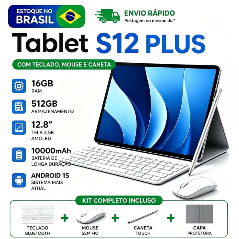 Tablet S12plus16GB RAM +512GB HD 12,8 Polegadas Tela  Android 15 Dual SIM Card Câmera 48MP WIFI 5G 【10000mAh】, imagem 1 de 1