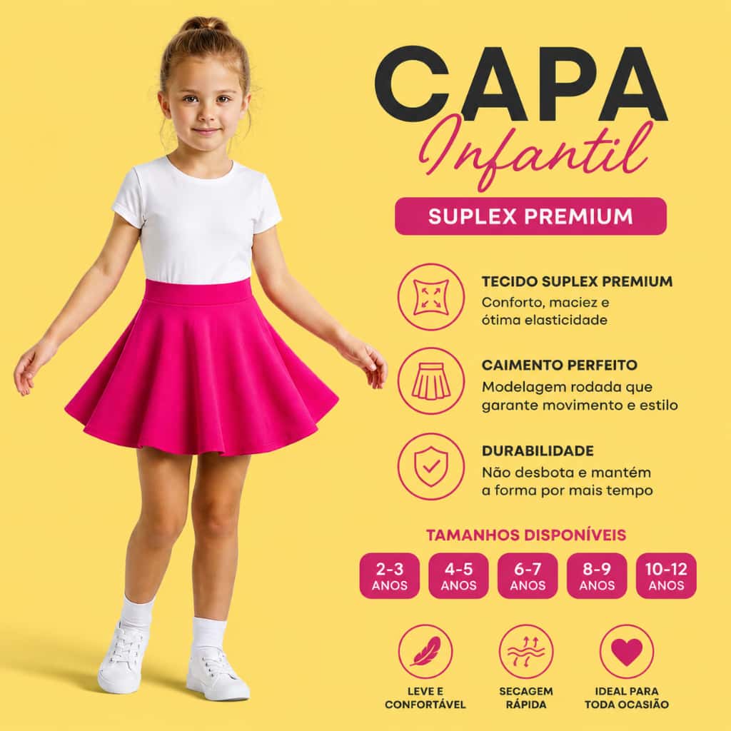 Saia Curta Infantil Feminina Rodada com Elastico na Cintura Barinha Frufru Em Suplex Premium, imagem 1 de 1