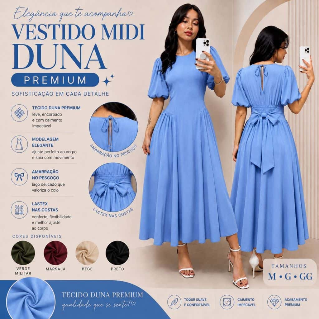 Vestido Midi Feminino com Manga Bufante Tecido Duna com Lastex nas Costas Moda 2026, imagem 1 de 1