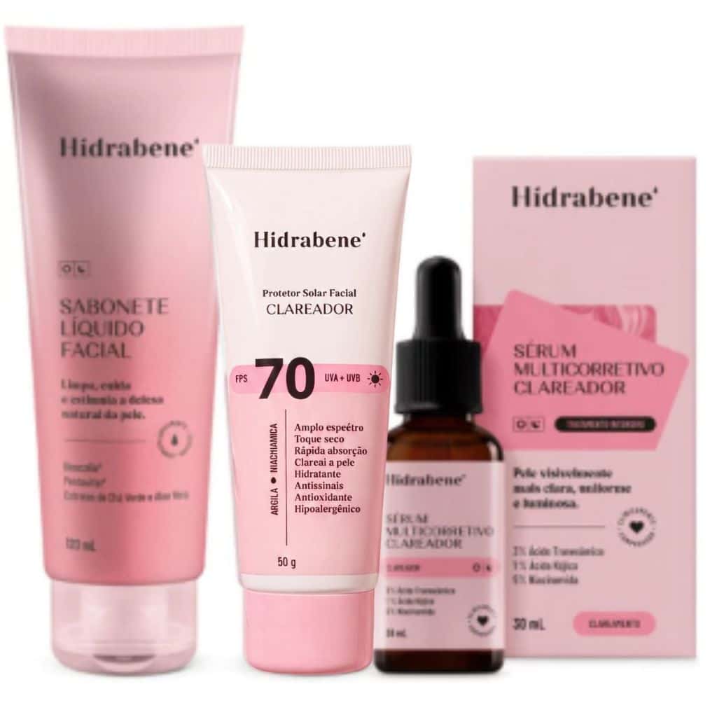 Kit Hidrabene Clareador Skincare Clareador Facial: Sabonete, Protetor 70 FPS e Sérum Multicorretivo, imagem 1 de 1