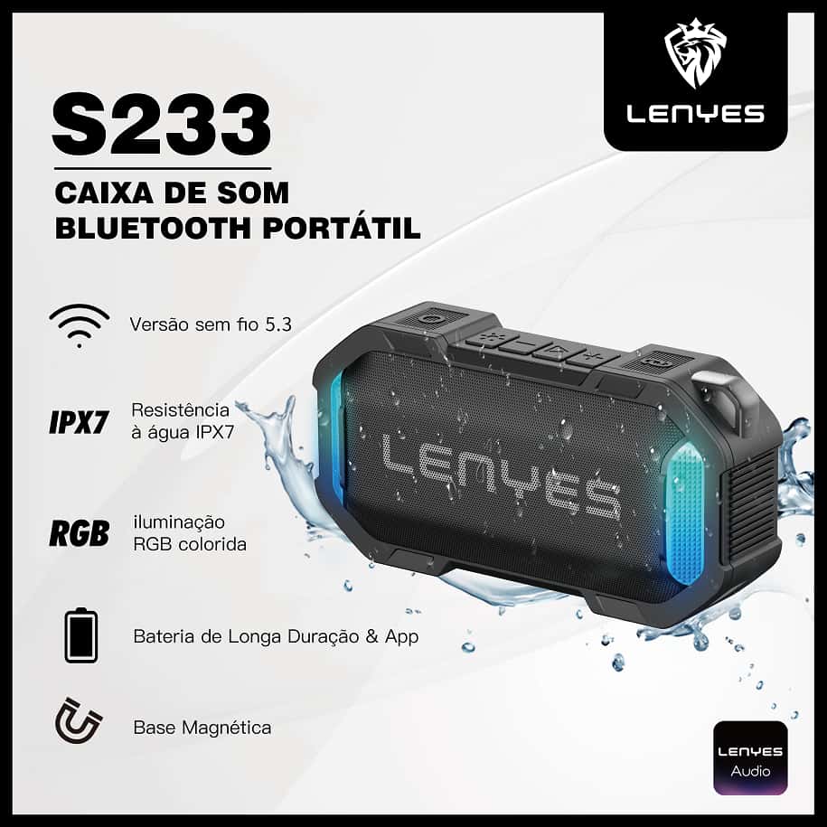 LENYES Caixa de Som Bluetooth Inteligente Portátil 5.3 TWS IPX7 RGB Controle por Aplicativo, imagem 1 de 1