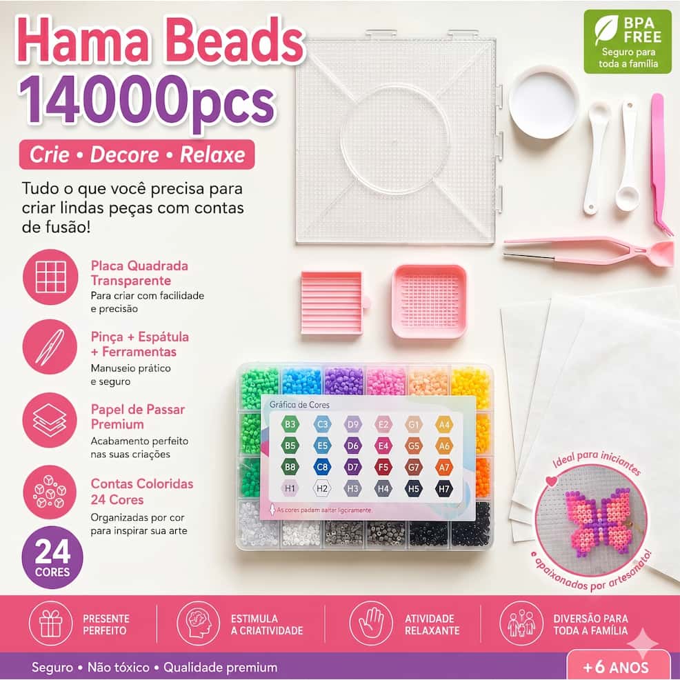 Kit 24 cores Pixel Beads, 2.6mm Com 14000pcs, Perler Berads, Hama Beads DIY Presentes para crianças Com Ferramentas, imagem 1 de 1