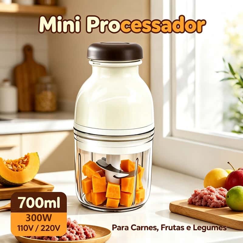 Mini Processador Elétrico 700ml 300W 4 Lâminas para Alimentos Carne Legumes 110V/220V, imagem 1 de 1