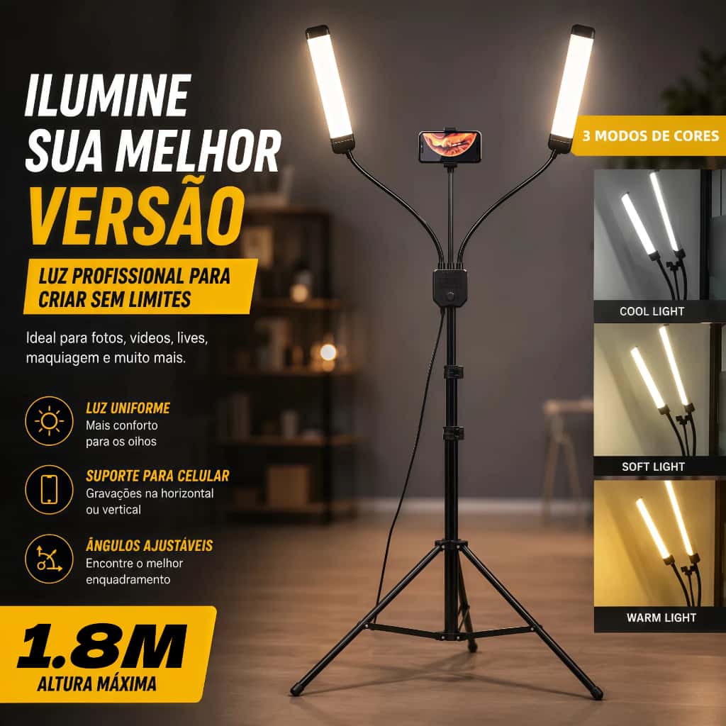 Ring Light Led 45W com Braços Duplos + Tripé 1.8m Luz de Preenchimento Bicolor Profissional, imagem 1 de 1