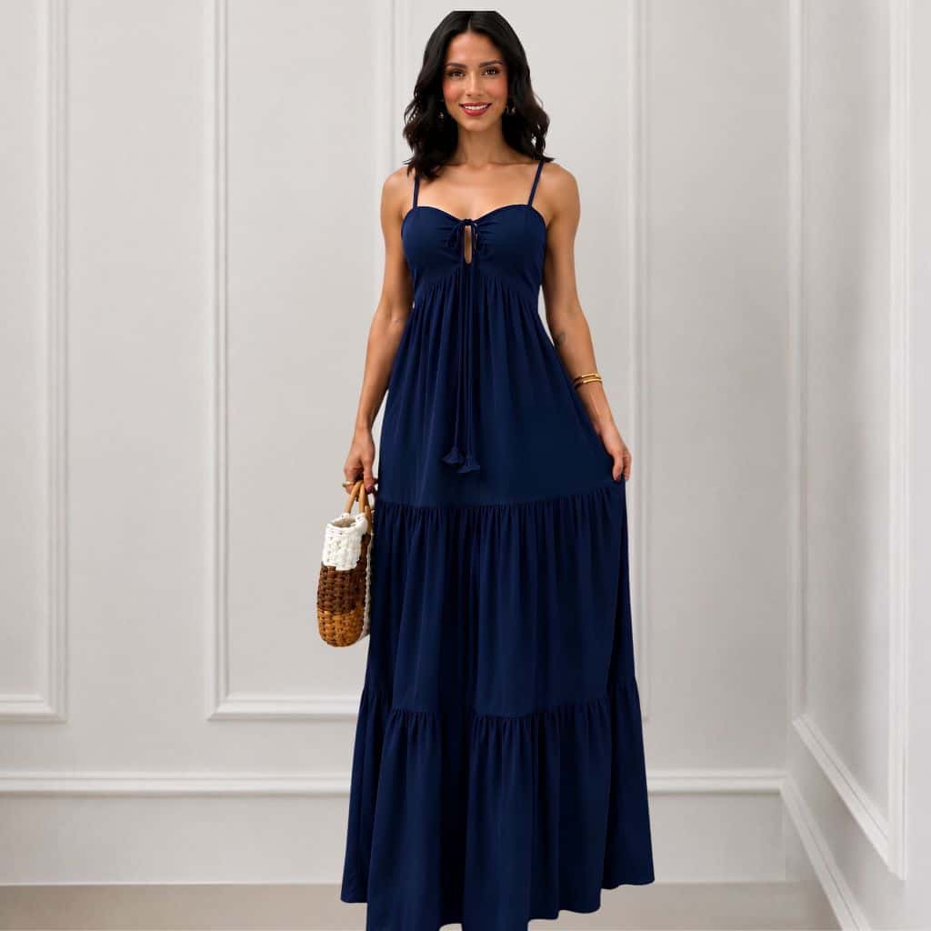 Vestido Longo Feminino Rodado Decote Com Amarração com Lastex nas Costas Moda 2026 Blogueirinha, imagem 1 de 1