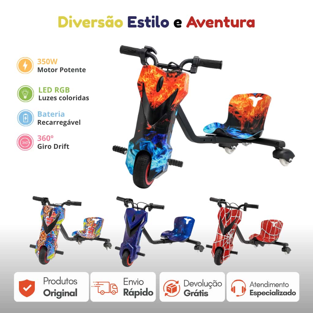 Triciclo Patinete Elétrico Drift Infantil 8 ou 6 Polegadas 250W Bluetooth Led, imagem 1 de 1