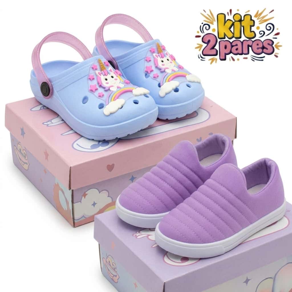 Kit 2 Pares Tênis Infantil Calce Fácil Menina & Sandália Babuche Conforto Promoção, imagem 1 de 1