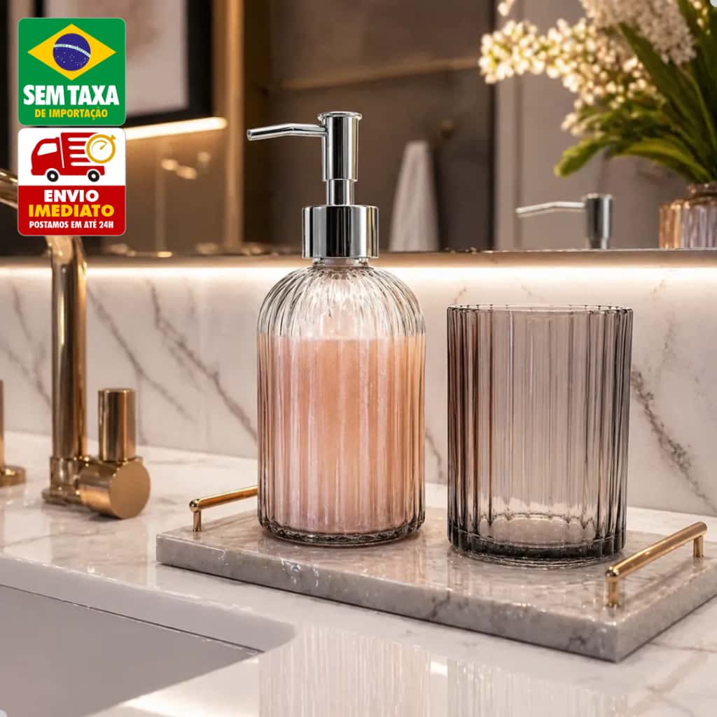 Kit Banheiro em Vidro com Dispenser Pump 400ml Porta Escova de Dentes Lavabo 2 Peças Elegante, imagem 1 de 1