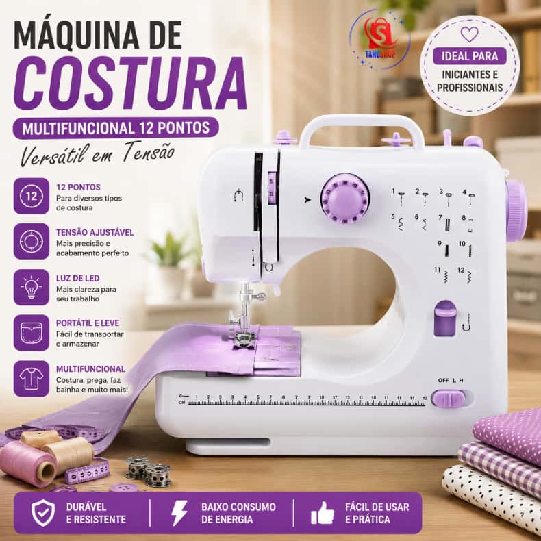 Mini Máquina De Costura Multifuncional Doméstica Composta de 12 Pontos - Bivolt, imagem 1 de 1