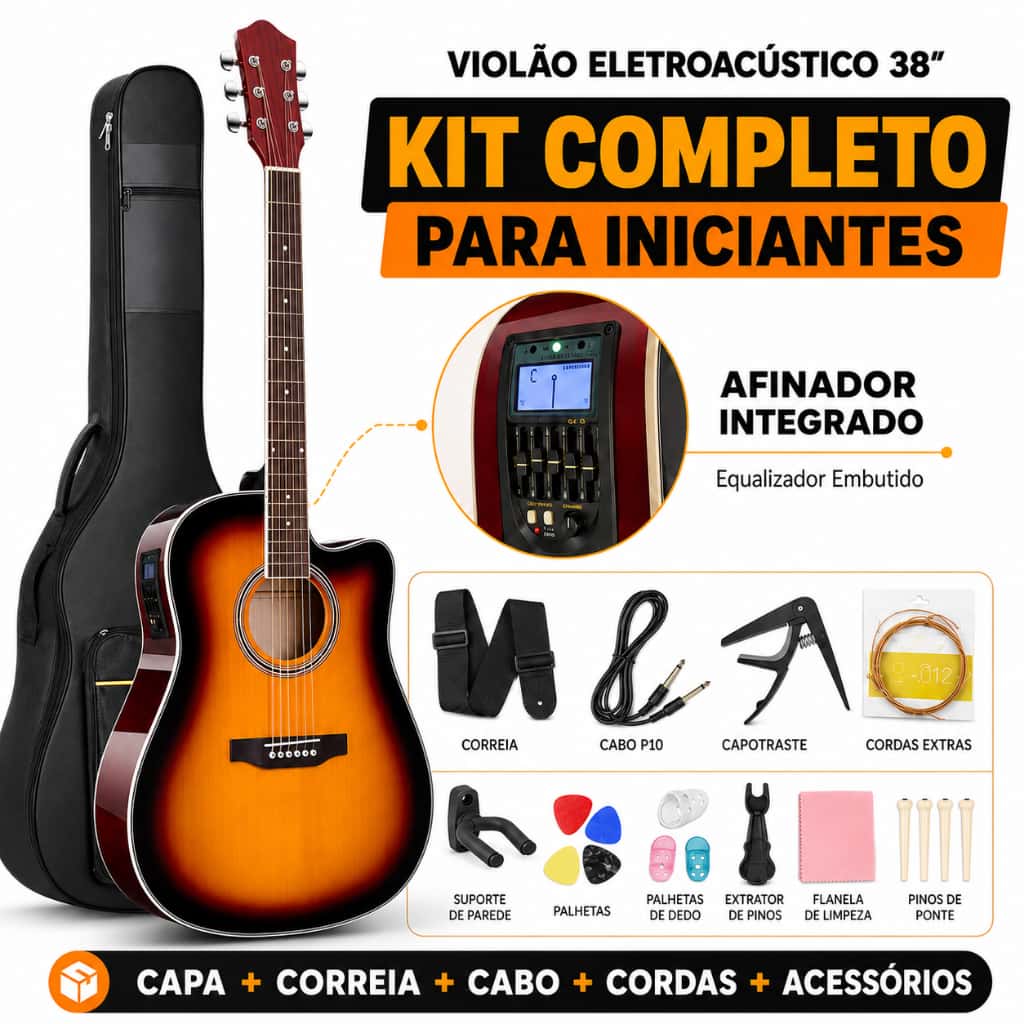 Kit Violão Eletroacústico 38 Polegadas Iniciante - Afinador, Cordas e Acessórios Inclusos, imagem 1 de 1