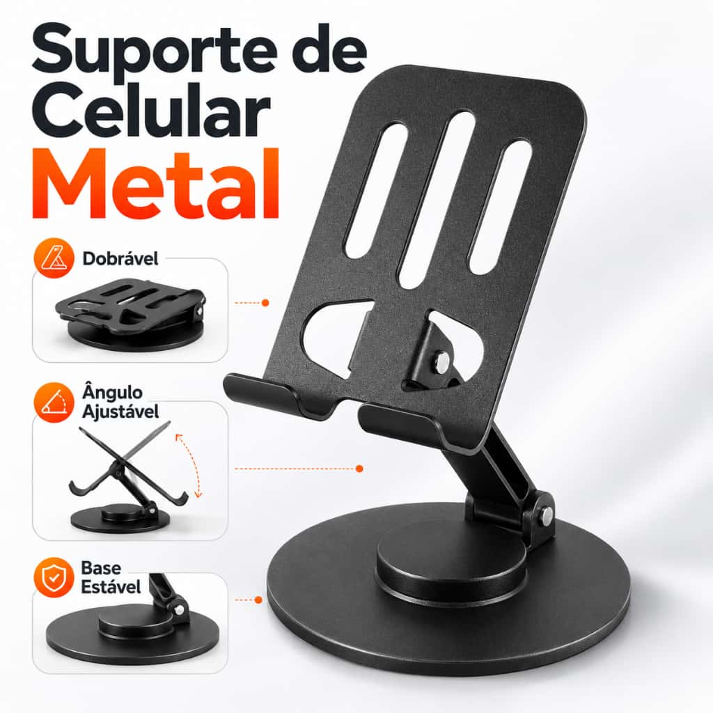 Suporte Alumínio de Mesa Base Rotatória Ajustável 360º Para Smartphones e Tablets, imagem 1 de 1