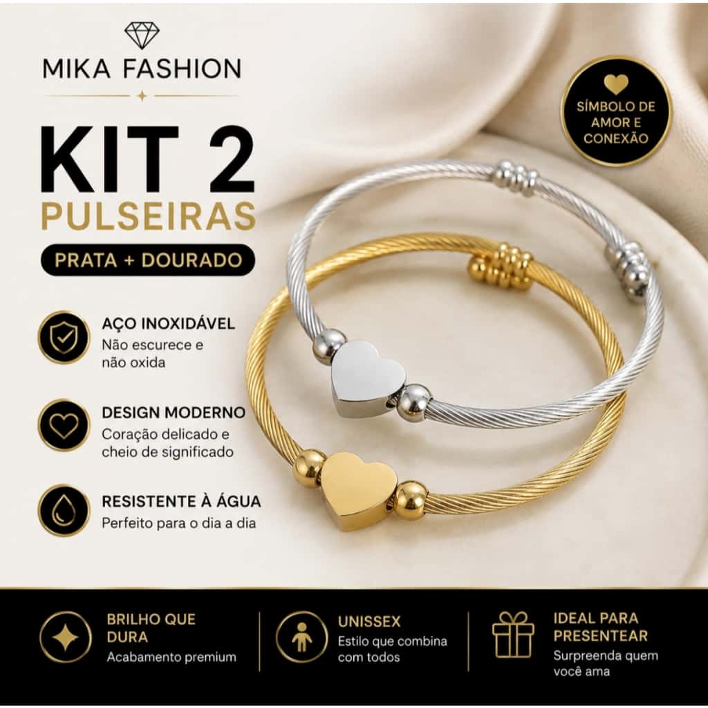 Kit 2 Pulseiras Coração Trançadas Aço Inoxidável Dourada e Prateada Unissex, imagem 1 de 1