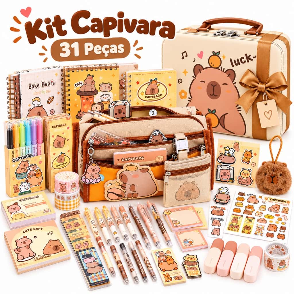 Kit Papelaria Capivara 31 Peças Estojo Canetas Caderno Presente Escolar Infantil, imagem 1 de 1