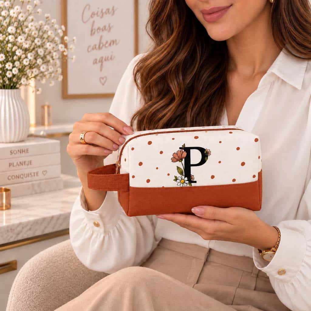 Necessaire Feminina Personalizada com Inicial e Alça Porta Maquiagem Organizador de Bolsa Estojo Viagem Presente, imagem 1 de 1