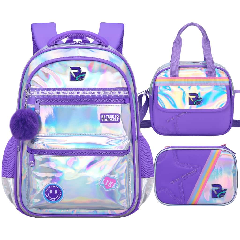 Kit Mochila Escolar Infantil Feminina 3 Peças Holográfica com Estojo e Bolsa Lateral, Pompom e Estampa Smile Fofa, imagem 1 de 1