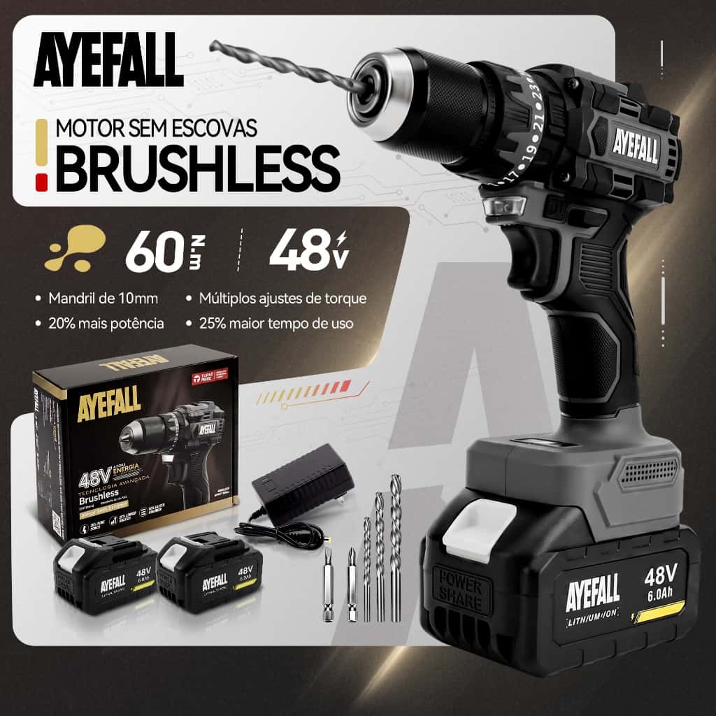 Parafusadeira Furadeira De Impacto Brushless 48V Sem Fio Kit Com 2 Baterias Brocas E Acessórios, imagem 1 de 1