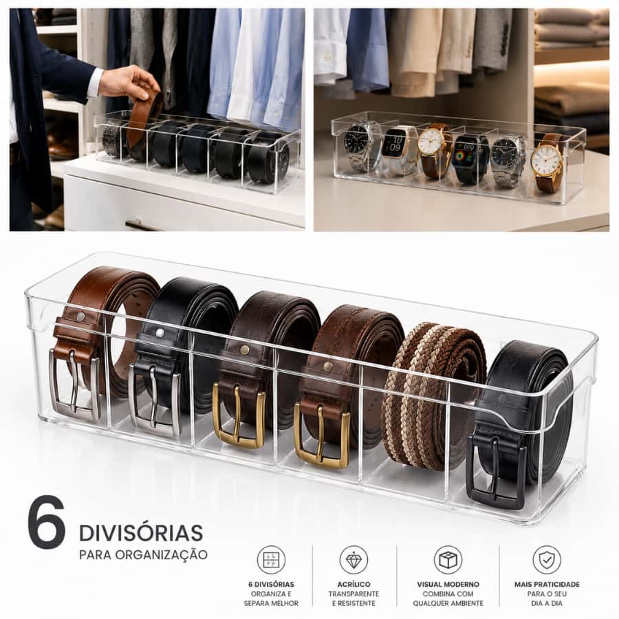 Organizador de Cintos Gravata Relógios Perfumes 34 x10 x 8 Com 6 Divisórias em Acrílico Para Gavetas e Armário, imagem 1 de 1