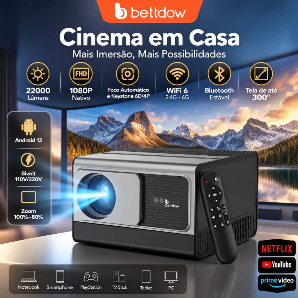 Projetor Bettdow 22000LM 1080P 4K Full HD Projetor Portátil para Casa Android 12 WiFi6 2+32GB para Celulares e Computado, imagem 1 de 1