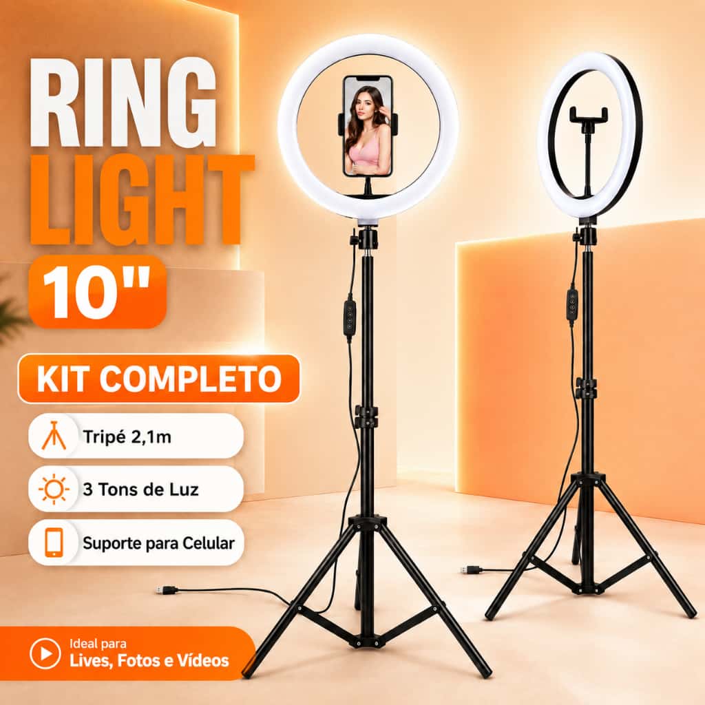 Ring Light 10 Polegadas 26cm com Tripé 2,10m Suporte para Celular 3 Tons de Luz USB para Lives Fotos e Vídeos, imagem 1 de 1