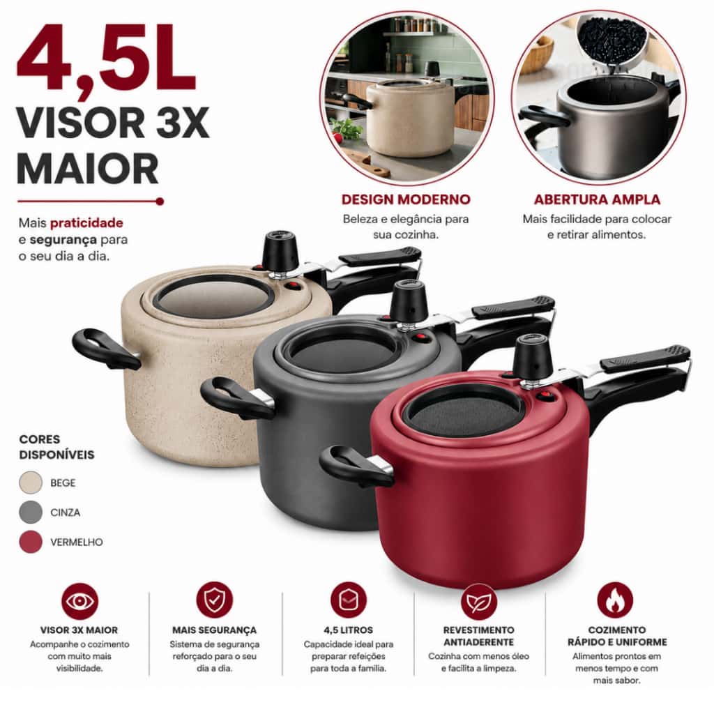 Panela de Pressão 4,5L Antiaderente com Visor de Vidro na Tampa 12cm Grande Grafite / Cereja / Perola 4,5 Litros MTA, imagem 1 de 1