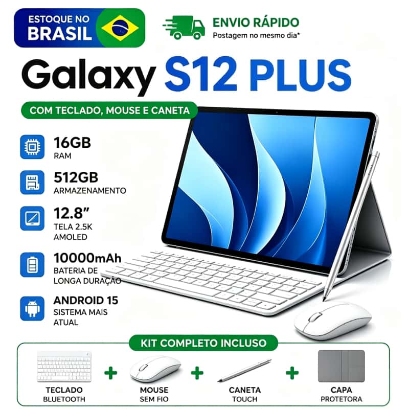 Tablet Galaxy S12plus16GB RAM +512GB HD 12,8 Polegadas Tela  Android 15 Dual SIM Card Câmera 48MP WIFI 5G 【10000mAh】, imagem 1 de 1