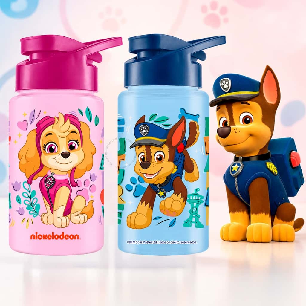 Squeeze Garrafinha Infantil Patrulha Canina Água Tampa Alça Chase Skye Lancheira Garrafa 500ml, imagem 1 de 1