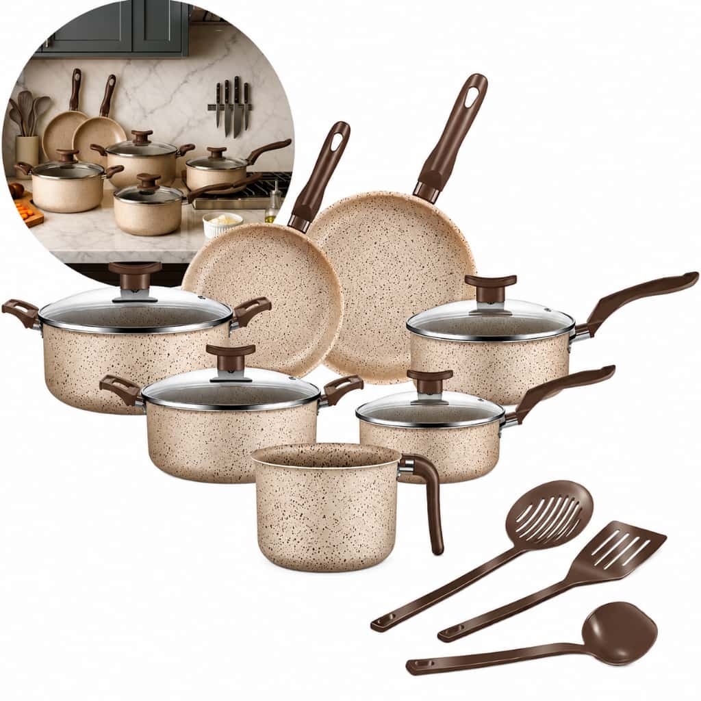 Jogo De Panelas 10 Peças Antiaderente Conjunto Frigideira Fervedor tampa de vidro Cor Coffee Cappuccino Kit Talheres, imagem 1 de 1
