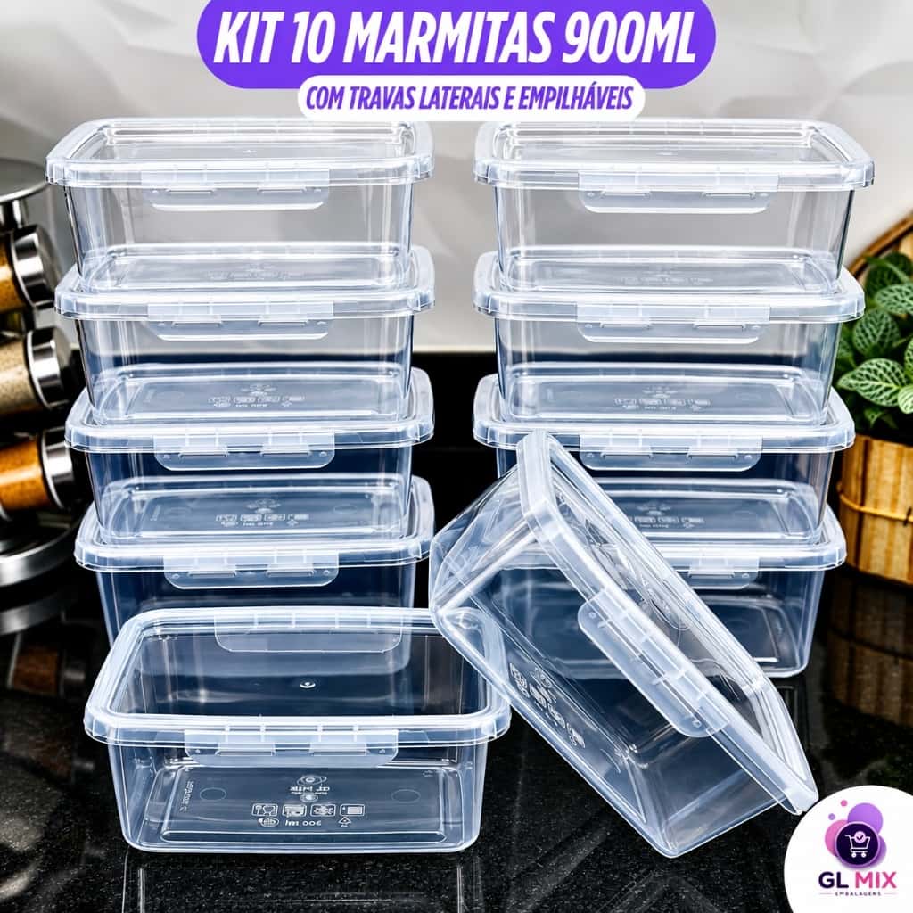 Kit 10 Marmita 900ml com Travas GL Mix Livre BPA Premium Alta Vedação Microondas Freezer Lava Louças, imagem 1 de 1