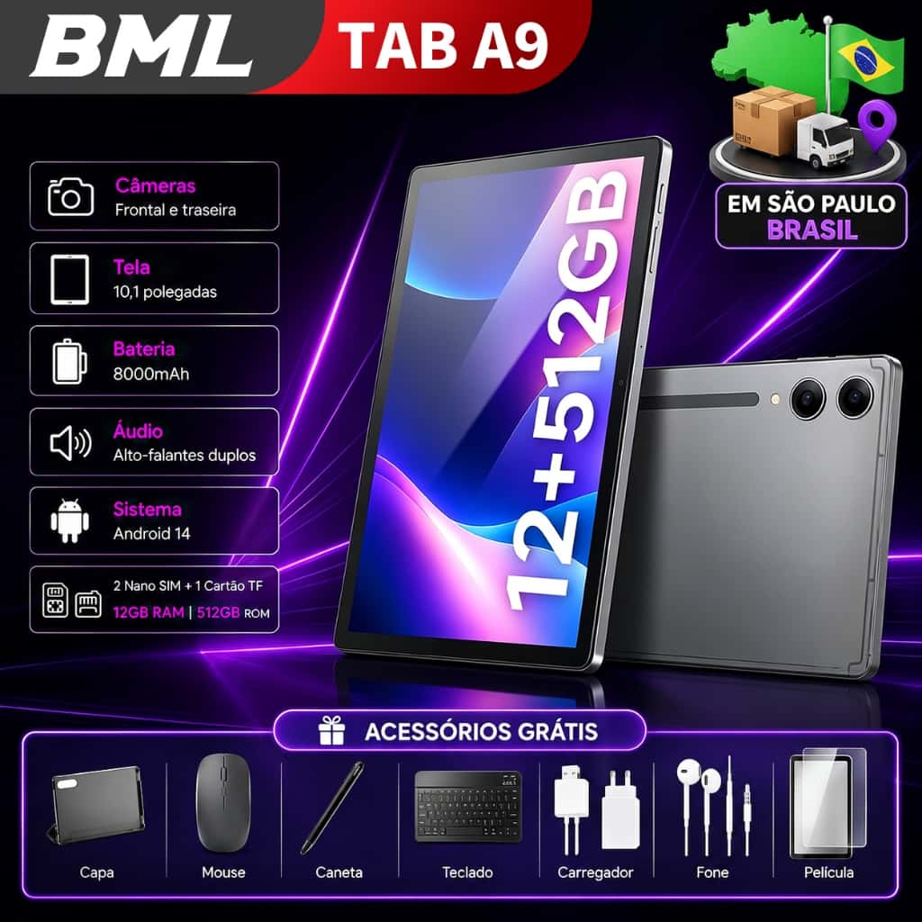 Tablet 12GB RAM +512GB HD 10,1 Polegadas Tela Grande PC pad Android Dual SIM Card Câmera 30MP e 13MP WIFI 5G 8000mAh, imagem 1 de 1