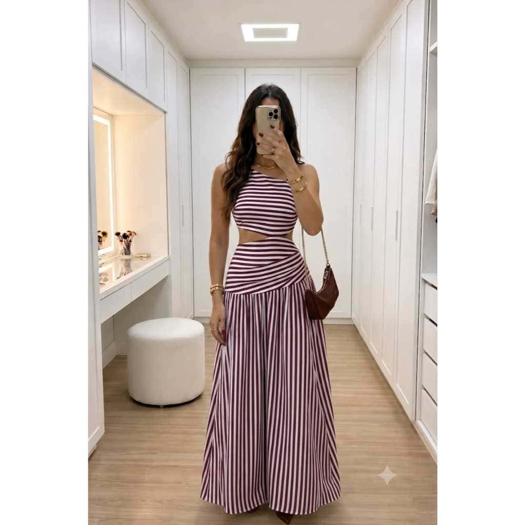Vestido Longo Feminino Listrado Assimetrico com Costas Abertas Amarração e Recorte na Cintura, imagem 1 de 1