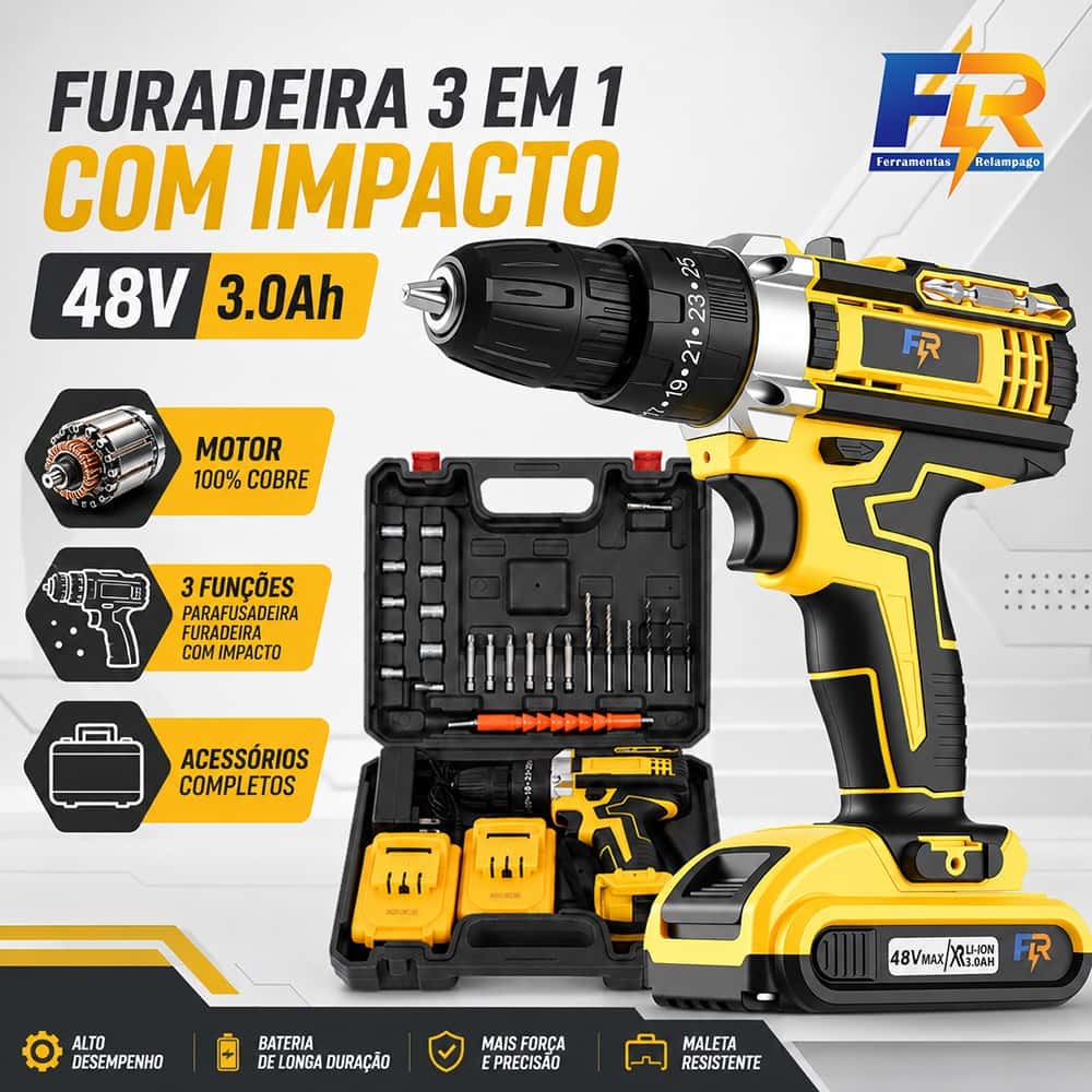 Parafusadeira Furadeira de Impacto 48V Sem Fio 2 Baterias 3 Funções com Maleta e Acessórios Kit Completo, imagem 1 de 1