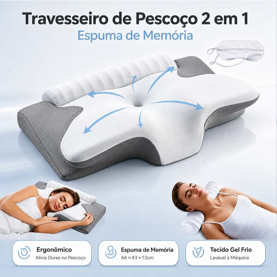 Travesseiro Cervical Ergonômico 2 em 1 Espuma Memory Sono Profundo Sem Insônia Alívio de Dores no Pescoço, imagem 1 de 1