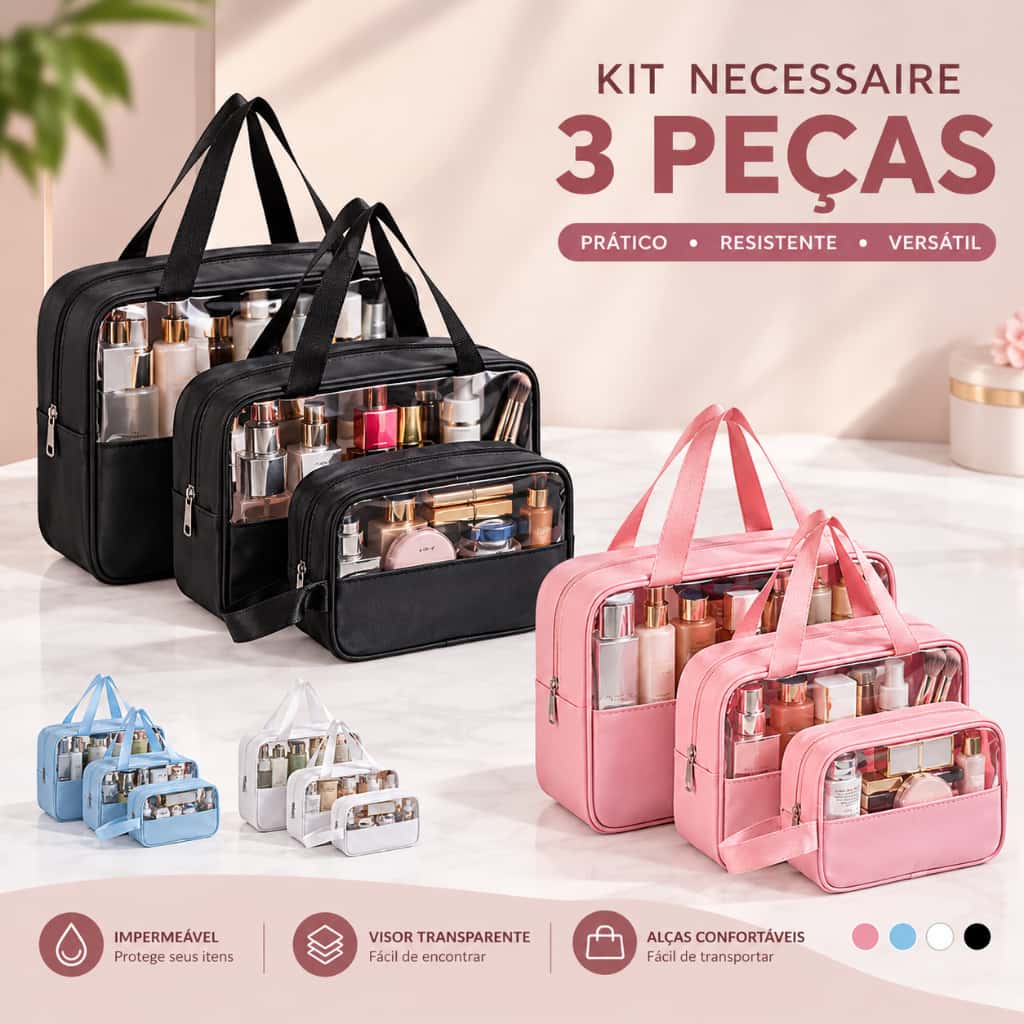 Kit 3 Necessaires Transparentes Grande Capacidade Para Cosméticos e Maquiagem Organizador de Viagem, imagem 1 de 1